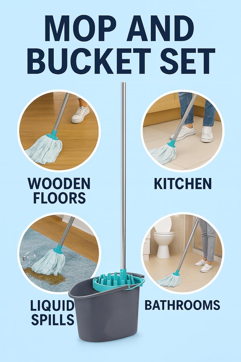 Hbala Premium Spin Mop and Bucket Set – 16L, Telescopic Stainless Steel Handle, Blue/Gray